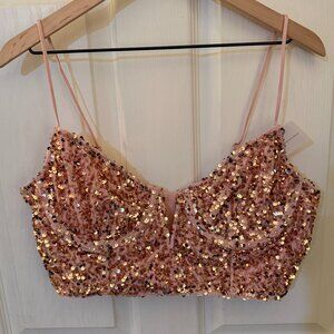Anthropologie Pink Sequin Bra Top Gold Sequins XL NWT